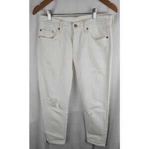 Levis 501 T Jeans Womens 27 x 28 Ivory Button Fly Cotton Distressed Tapered